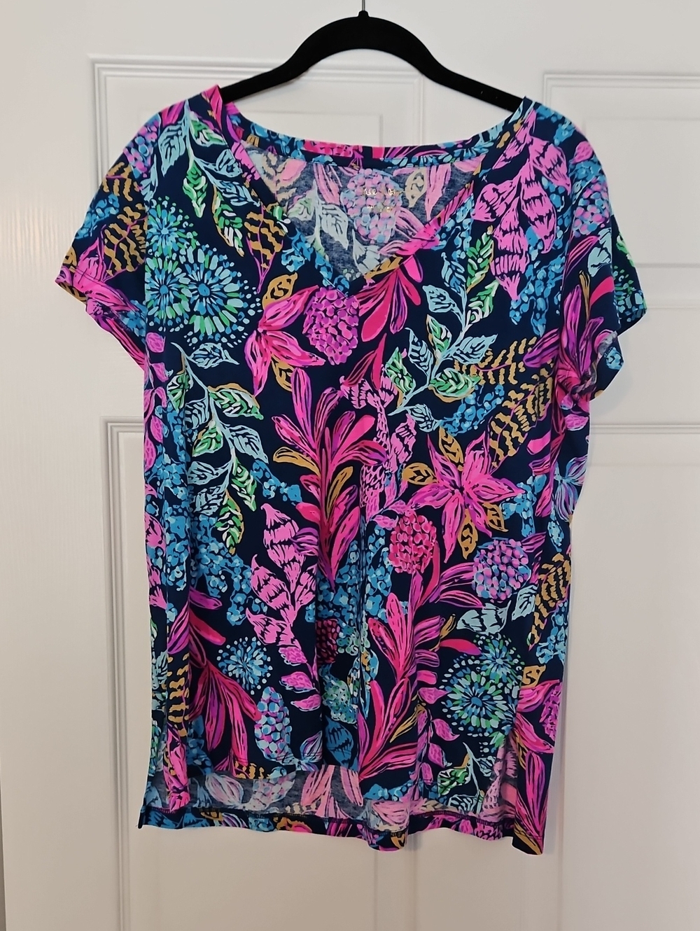 Lilly Pulitzer Navy Floral V-Neck Top - Pink, Blue & Green